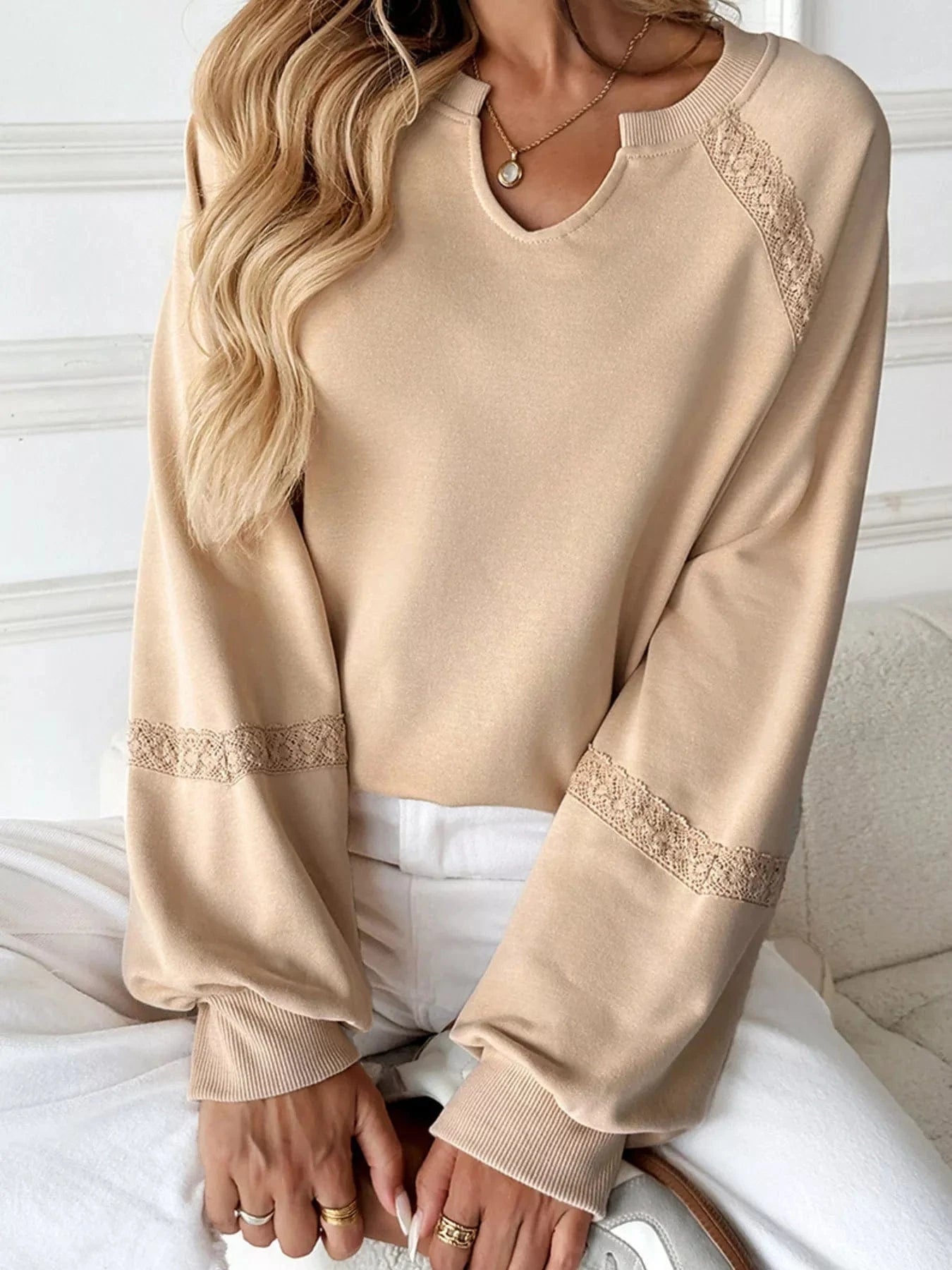 Playful Lace Detail Notched Sweatshirt Sweatshirt The Nichole Collection