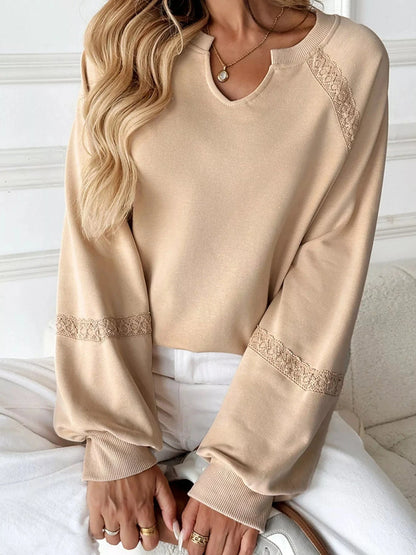 Playful Lace Detail Notched Sweatshirt Sweatshirt The Nichole Collection