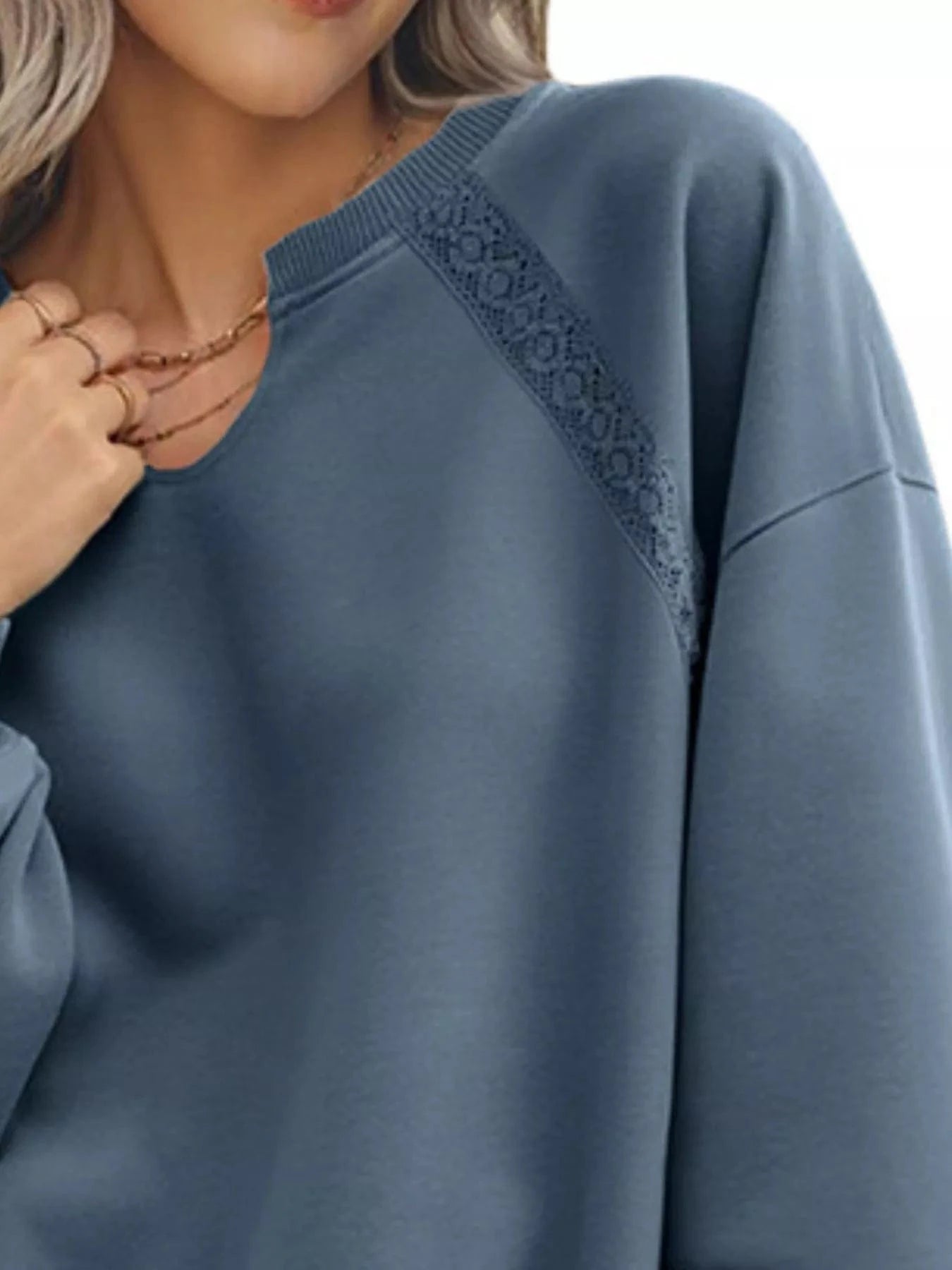 Playful Lace Detail Notched Sweatshirt Sweatshirt The Nichole Collection