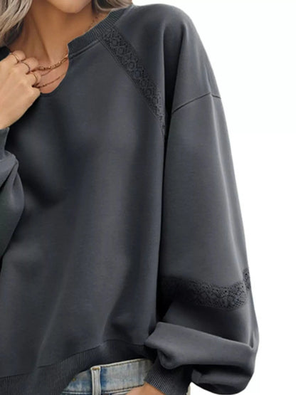 Playful Lace Detail Notched Sweatshirt Sweatshirt The Nichole Collection