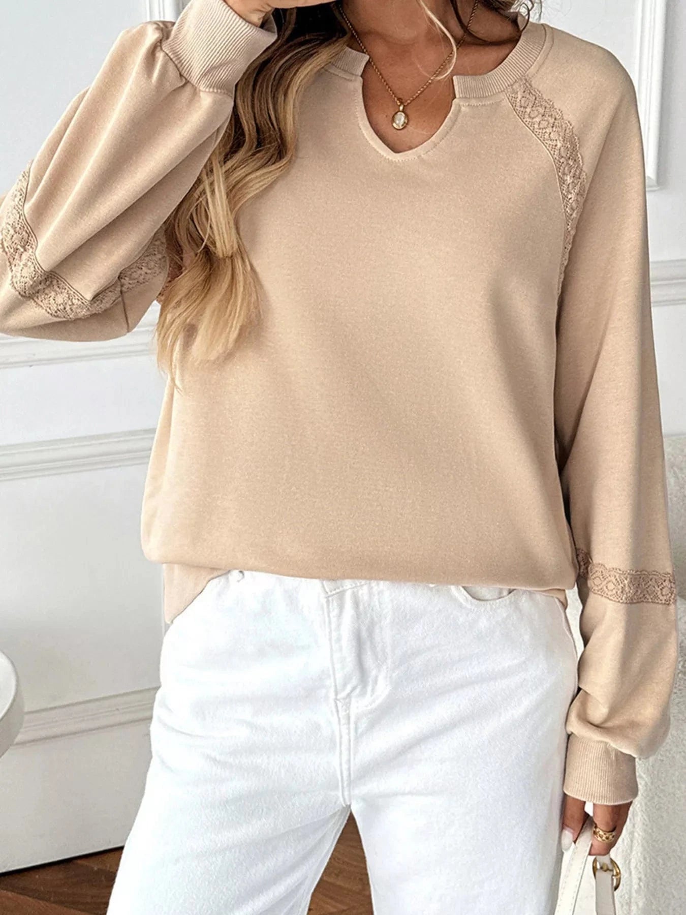 Playful Lace Detail Notched Sweatshirt Sweatshirt The Nichole Collection