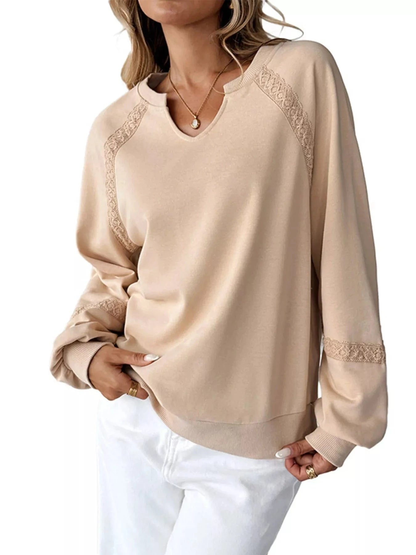 Playful Lace Detail Notched Sweatshirt Sweatshirt The Nichole Collection