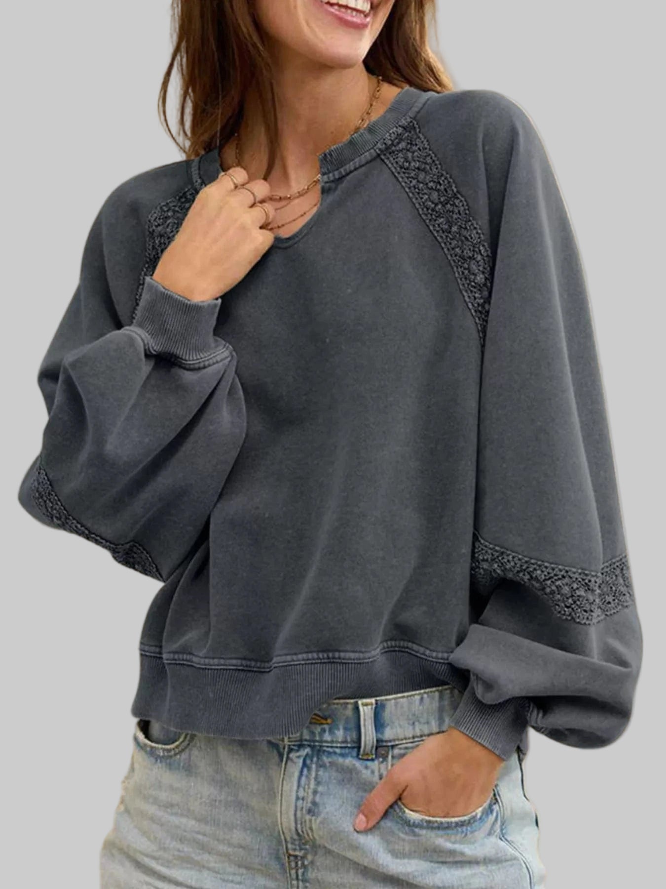 Playful Lace Detail Notched Sweatshirt Sweatshirt Gray / S The Nichole Collection