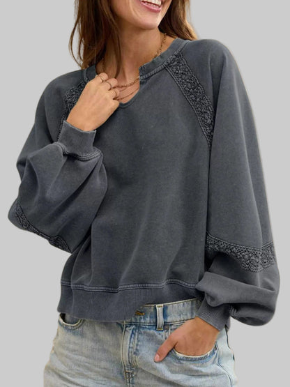 Playful Lace Detail Notched Sweatshirt Sweatshirt Gray / S The Nichole Collection