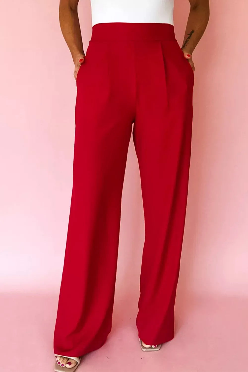 Pleated Detail Pull On High Elastic Waist Loose Straight Pants Rust / S The Nichole Collection