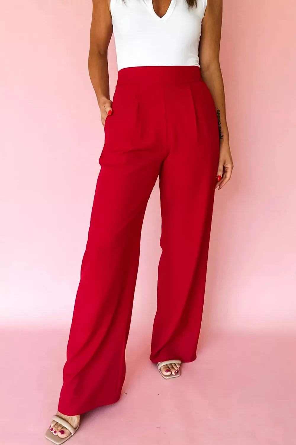 Pleated Detail Pull On High Elastic Waist Loose Straight Pants The Nichole Collection