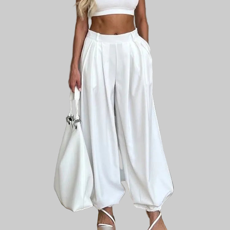 Pleated High Waist Wide Leg Trousers S / White The Nichole Collection
