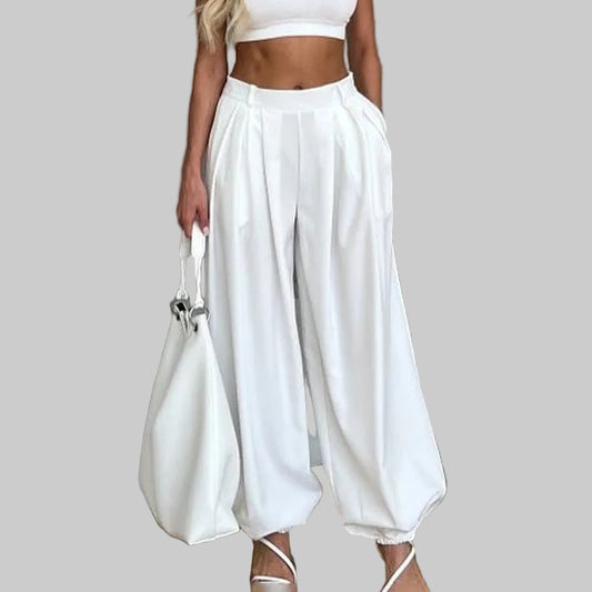 Pleated High Waist Wide Leg Trousers S / White The Nichole Collection