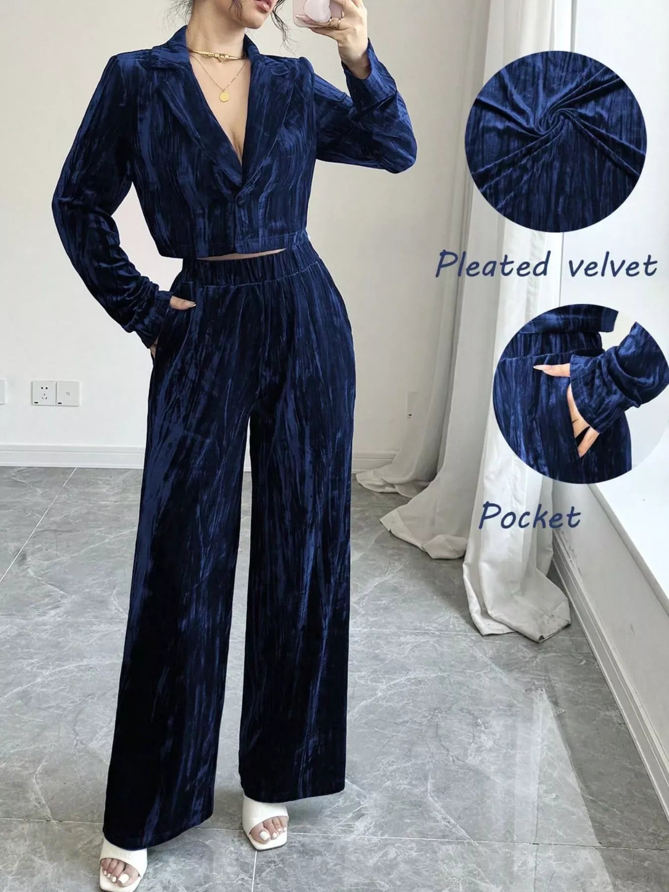 Pleated Velvet Blazer & Wide Leg Pants Set The Nichole Collection