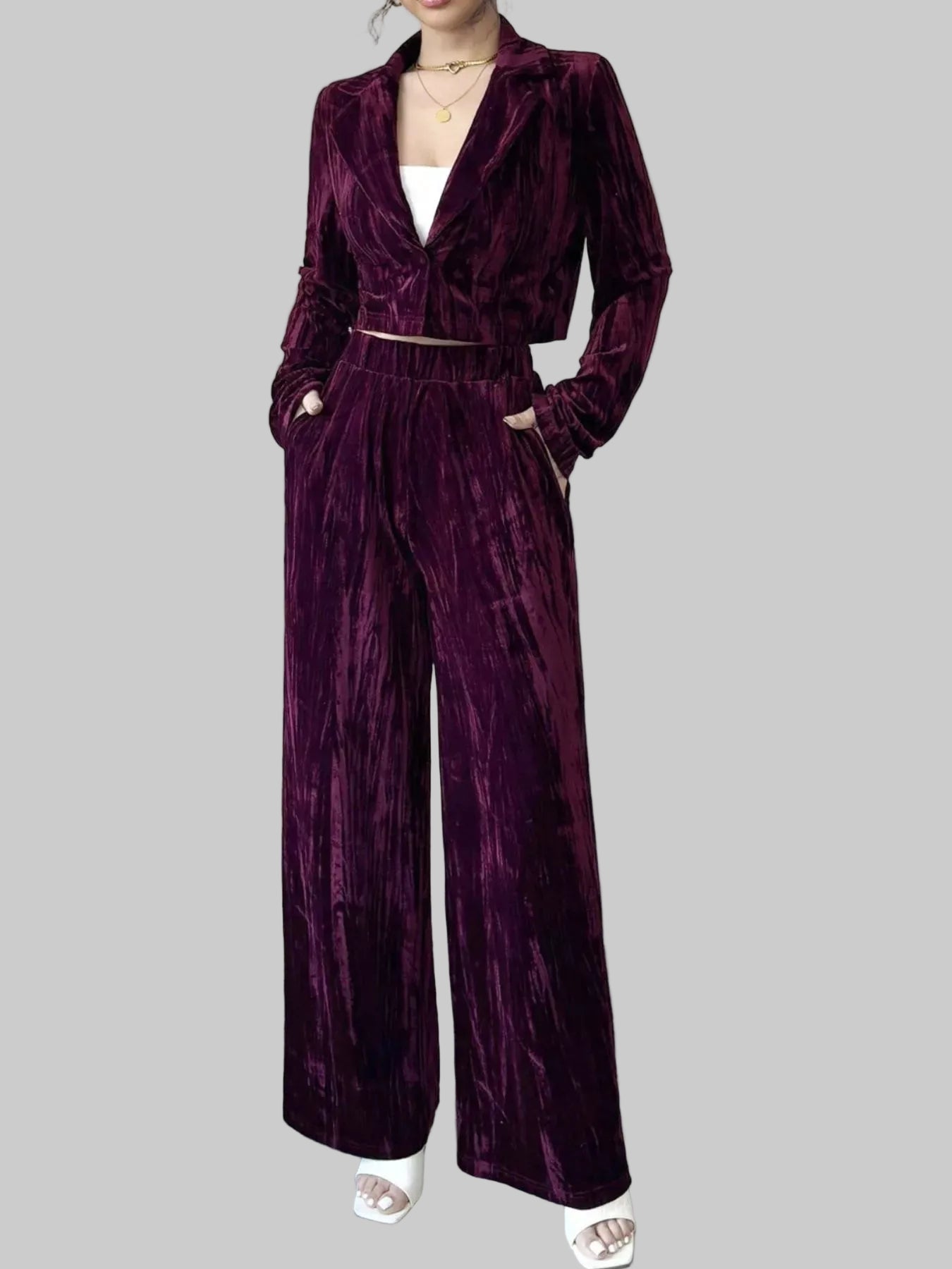 Pleated Velvet Blazer & Wide Leg Pants Set The Nichole Collection