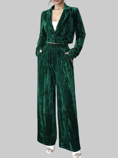 Pleated Velvet Blazer & Wide Leg Pants Set Green / S The Nichole Collection