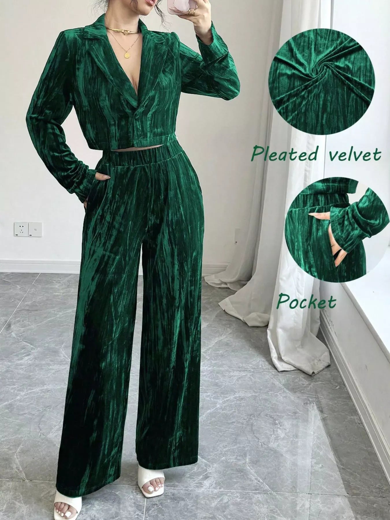 Pleated Velvet Blazer & Wide Leg Pants Set The Nichole Collection