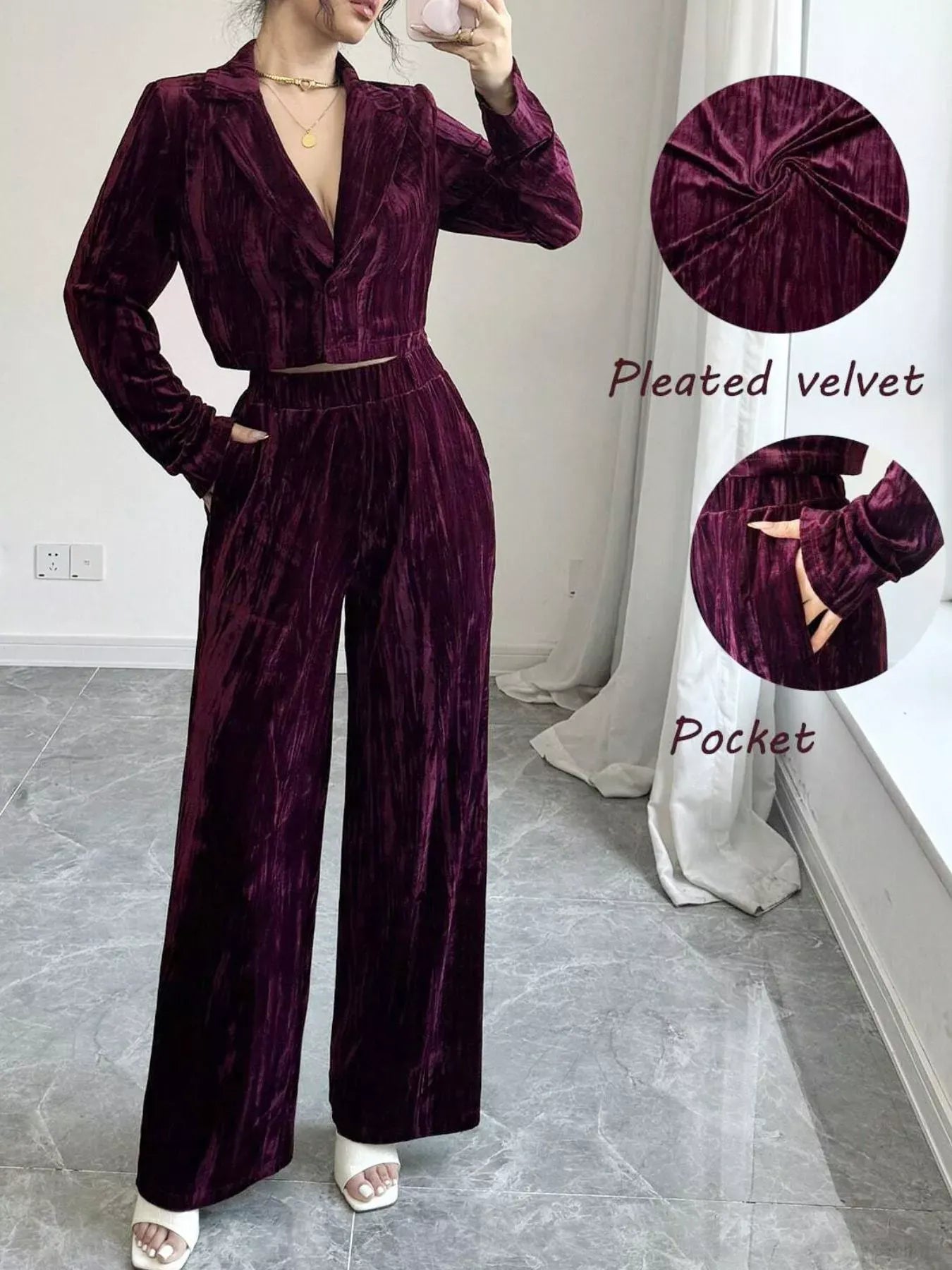 Pleated Velvet Blazer & Wide Leg Pants Set The Nichole Collection