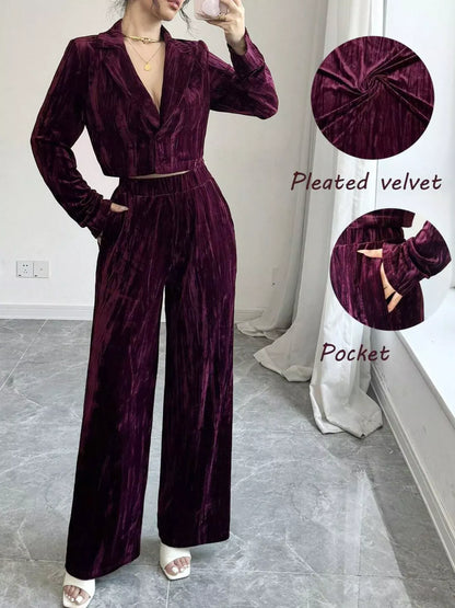 Pleated Velvet Blazer & Wide Leg Pants Set The Nichole Collection