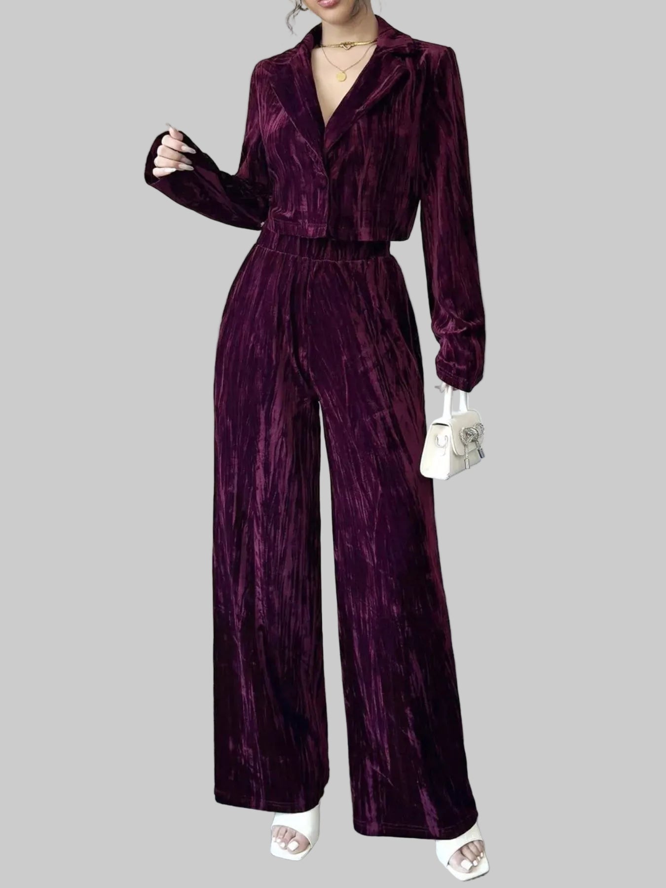 Pleated Velvet Blazer & Wide Leg Pants Set Burgundy / S The Nichole Collection
