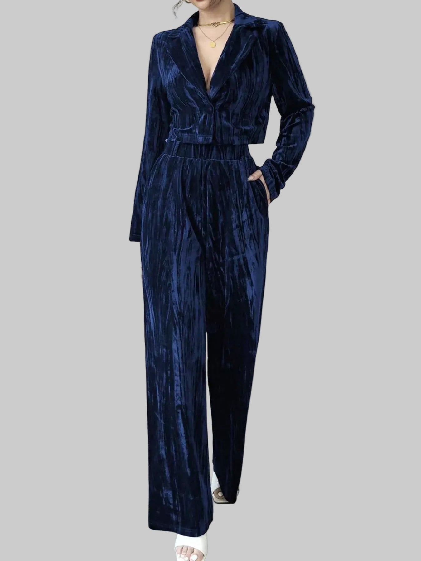 Pleated Velvet Blazer & Wide Leg Pants Set Navy / S The Nichole Collection