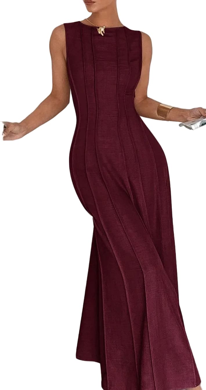Pleated Waist A-Line Maxi Dress – Elegant Slit Long Dress Red / XS A-Line Dresses The Nichole Collection