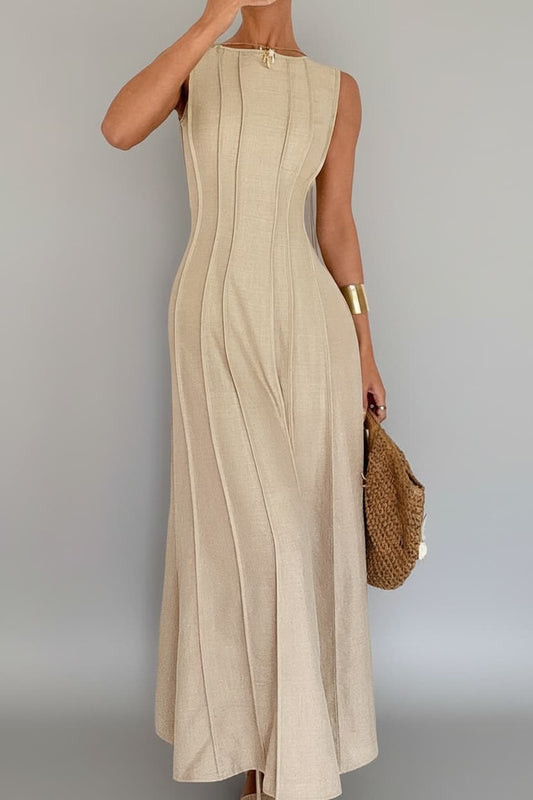 Pleated Waist A-Line Maxi Dress – Elegant Slit Long Dress Apricot / XS A-Line Dresses The Nichole Collection