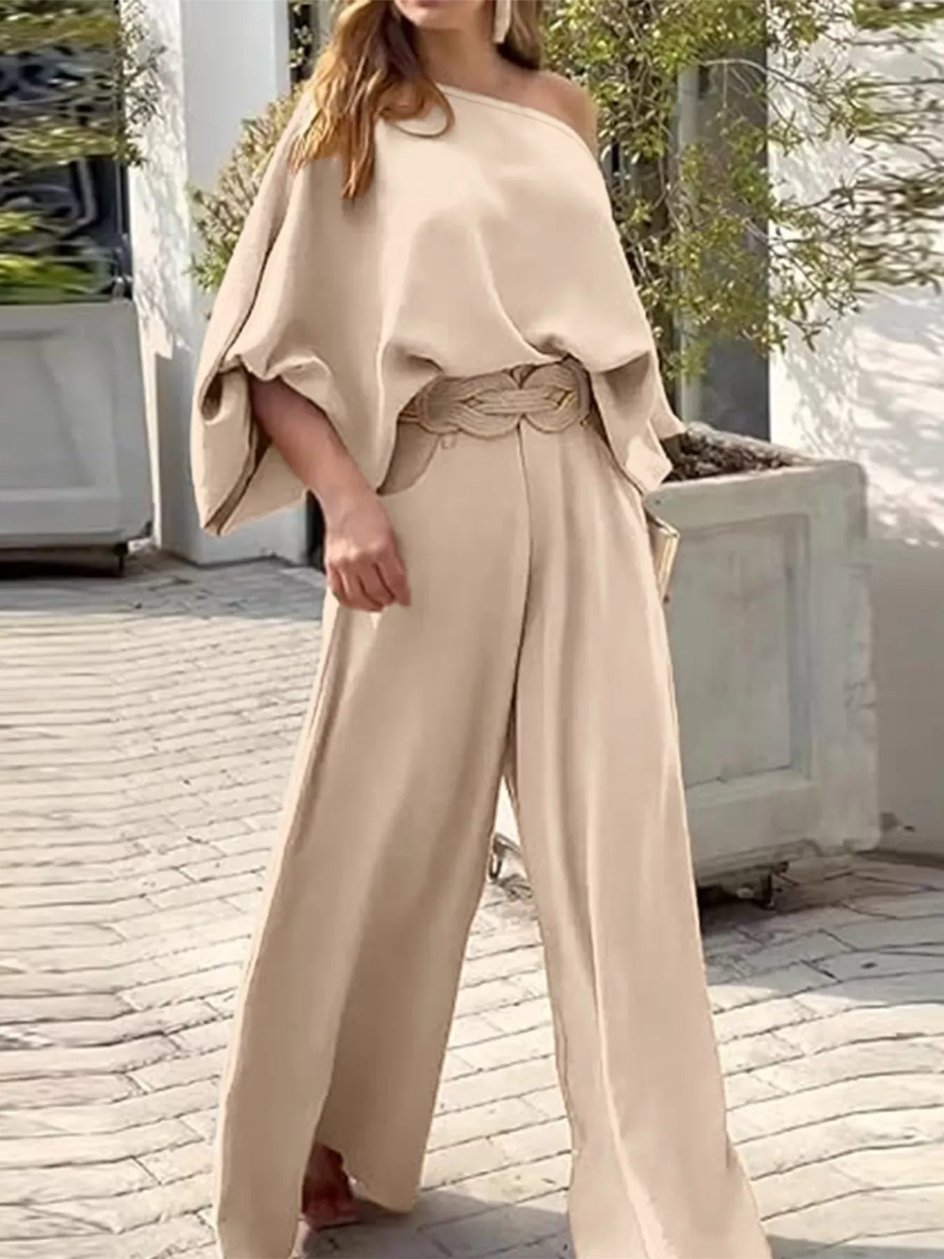 Plus Size One-Shoulder Top and Wide Leg Pants Set Women's Sets The Nichole Collection