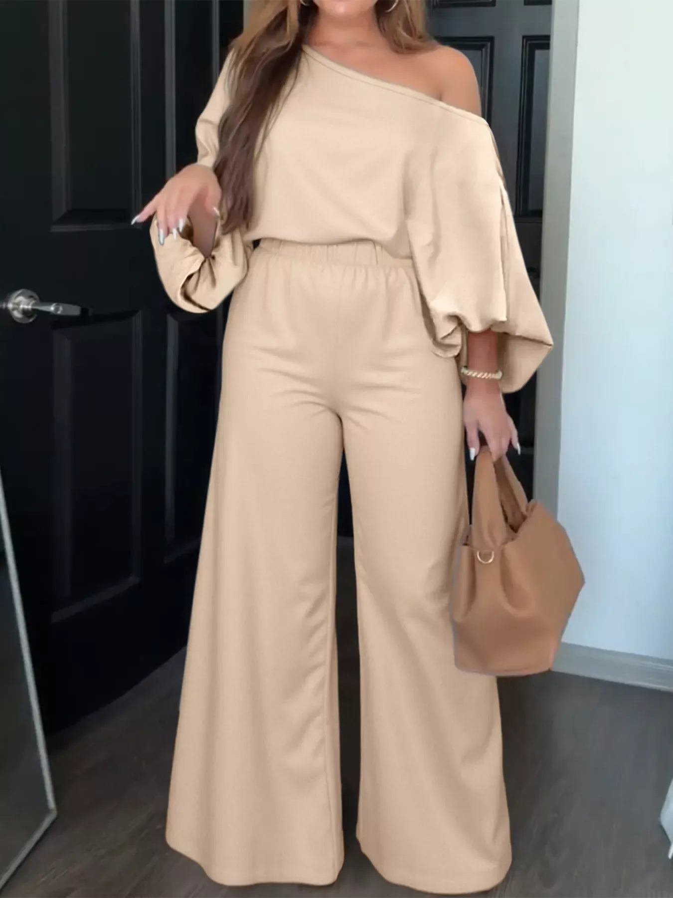 Plus Size One-Shoulder Top and Wide Leg Pants Set Women's Sets The Nichole Collection