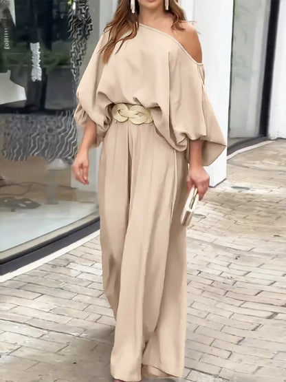 Plus Size One-Shoulder Top and Wide Leg Pants Set Women's Sets The Nichole Collection
