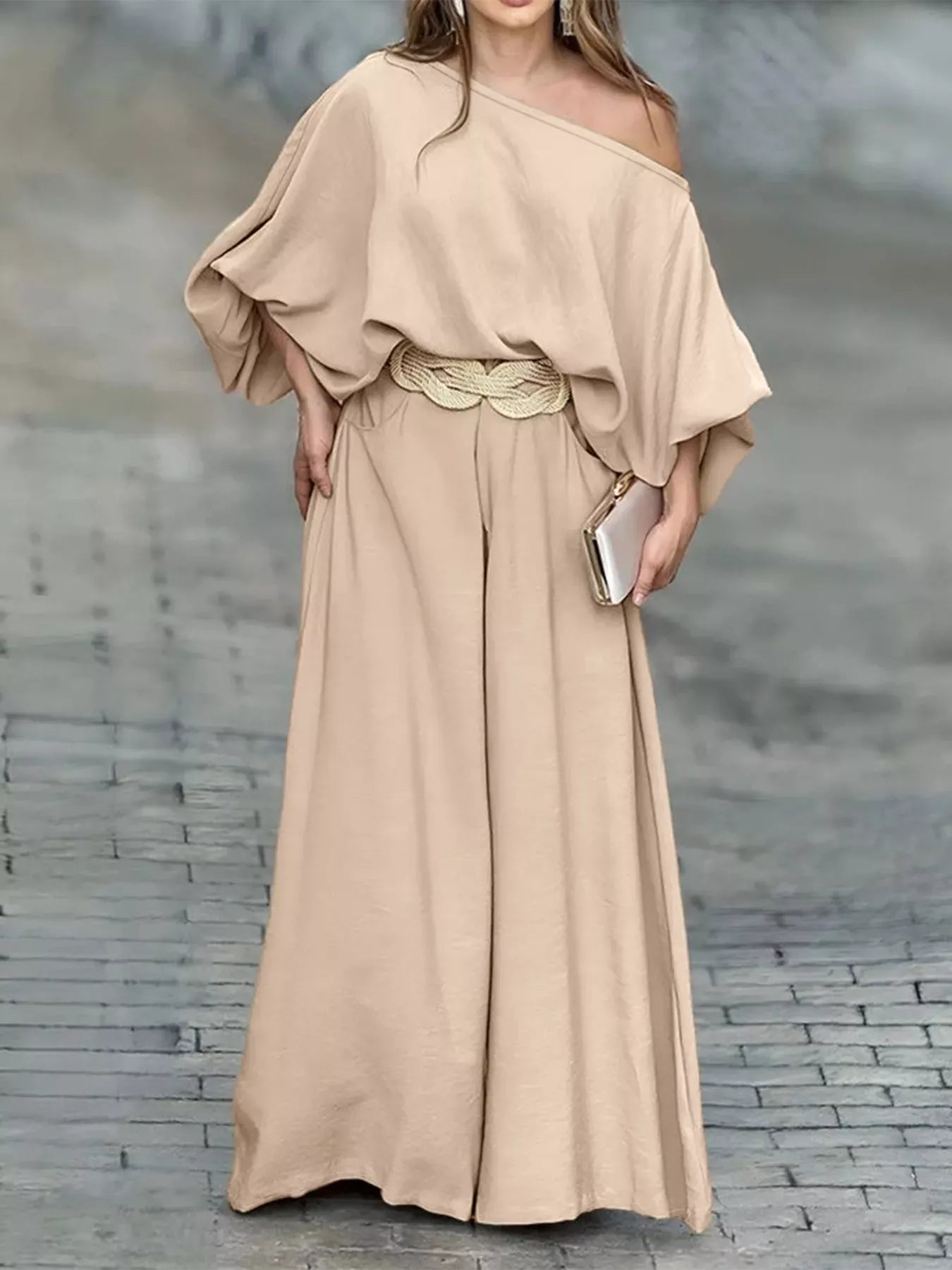 Plus Size One-Shoulder Top and Wide Leg Pants Set Women's Sets The Nichole Collection