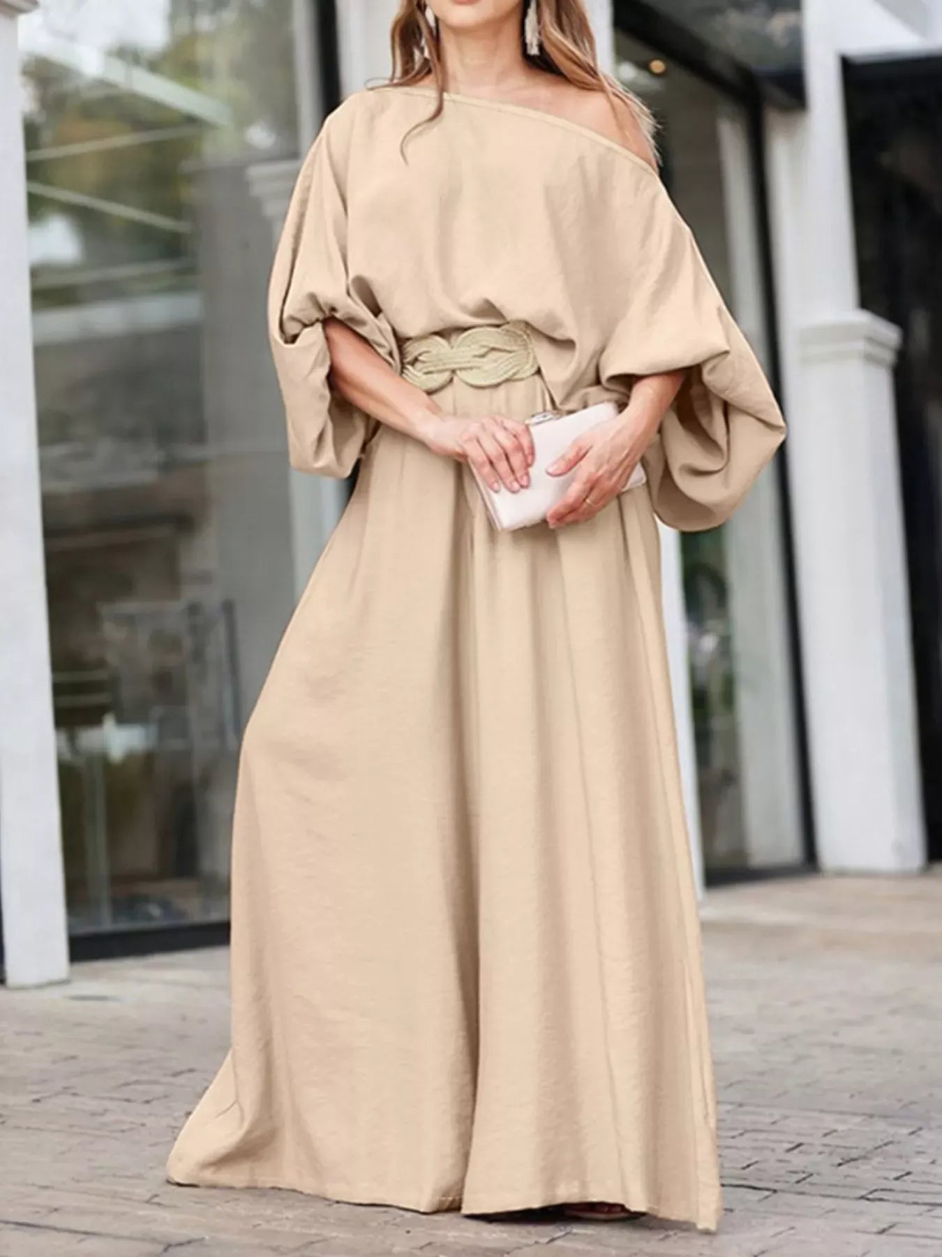 Plus Size One-Shoulder Top and Wide Leg Pants Set Women's Sets Tan / 0XL The Nichole Collection