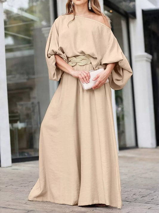 Plus Size One-Shoulder Top and Wide Leg Pants Set Women's Sets Tan / 0XL The Nichole Collection