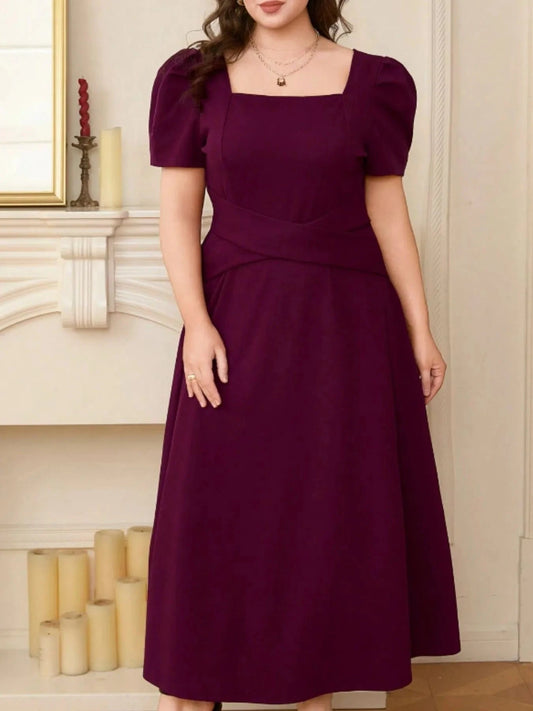 Plus Size Square Neck Puff Sleeve Midi Dress Plum Purple / 0XL The Nichole Collection