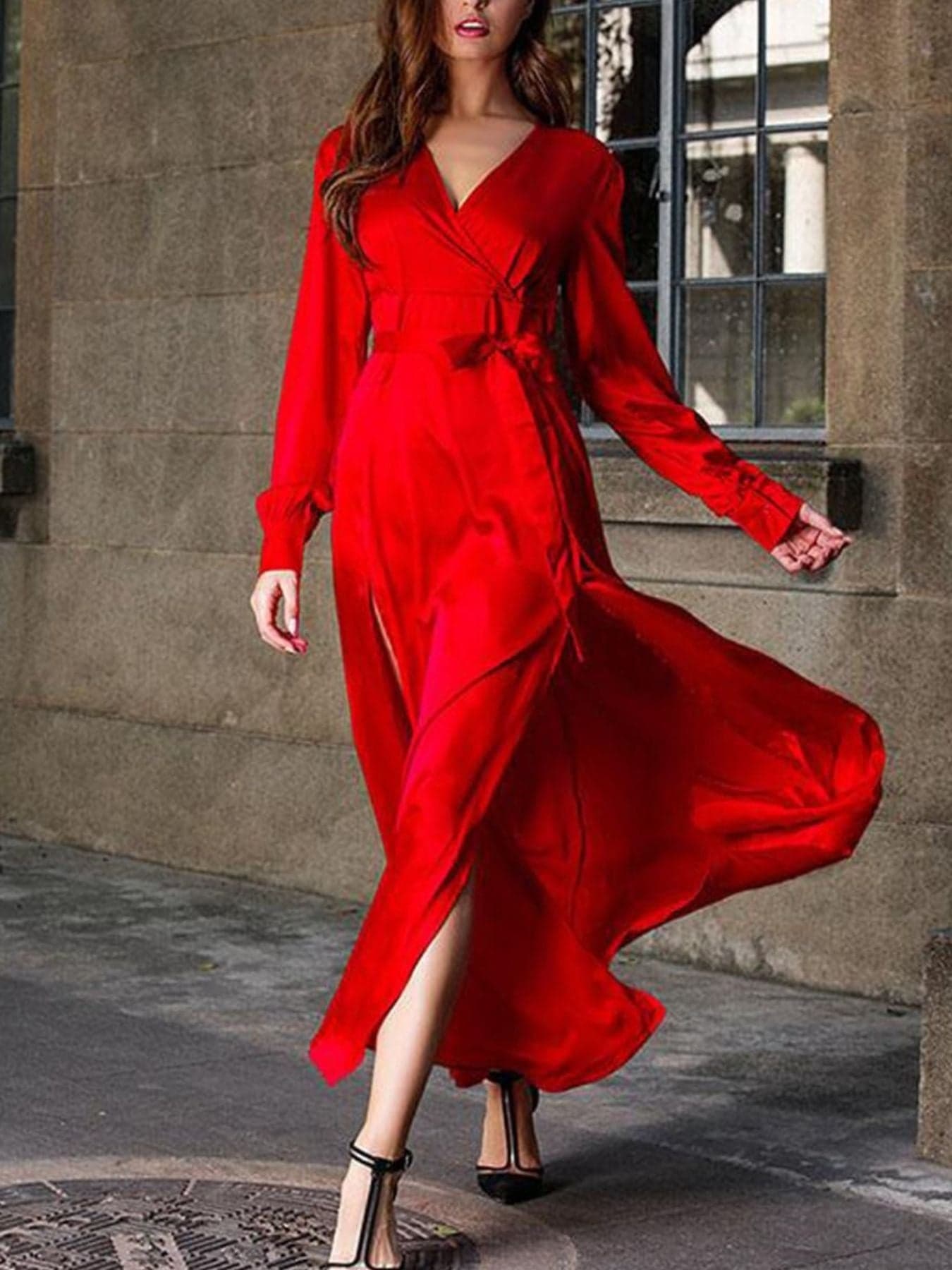 long sleeve surplice maxi dress Plus Size Surplice Long Sleeve Slit Maxi Dress, Deep Red / L