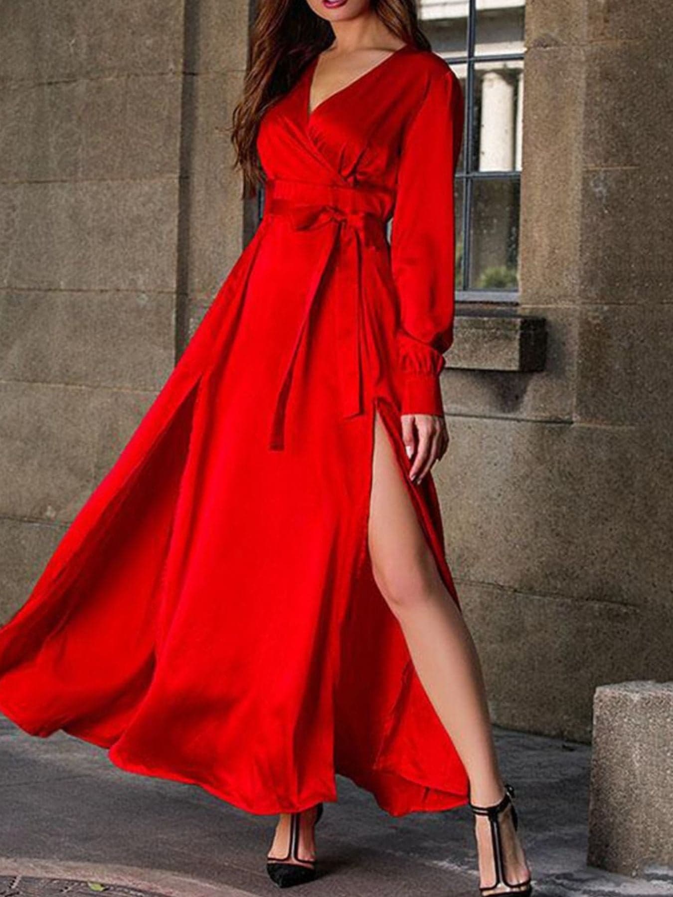 long sleeve backless dress plus size Plus Size Surplice Long Sleeve Slit Maxi Dress