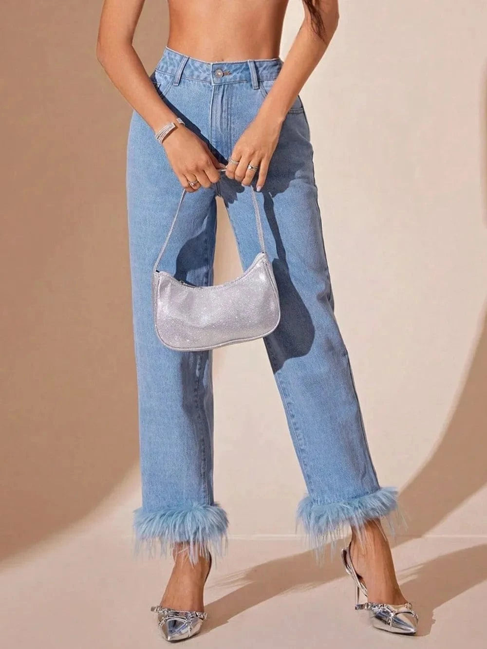 Plush Hem High Rise Straight Jeans Trendsi