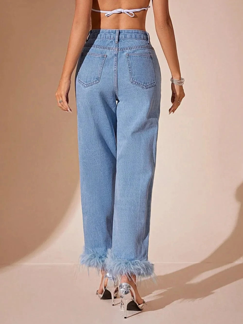Plush Hem High Rise Straight Jeans Trendsi