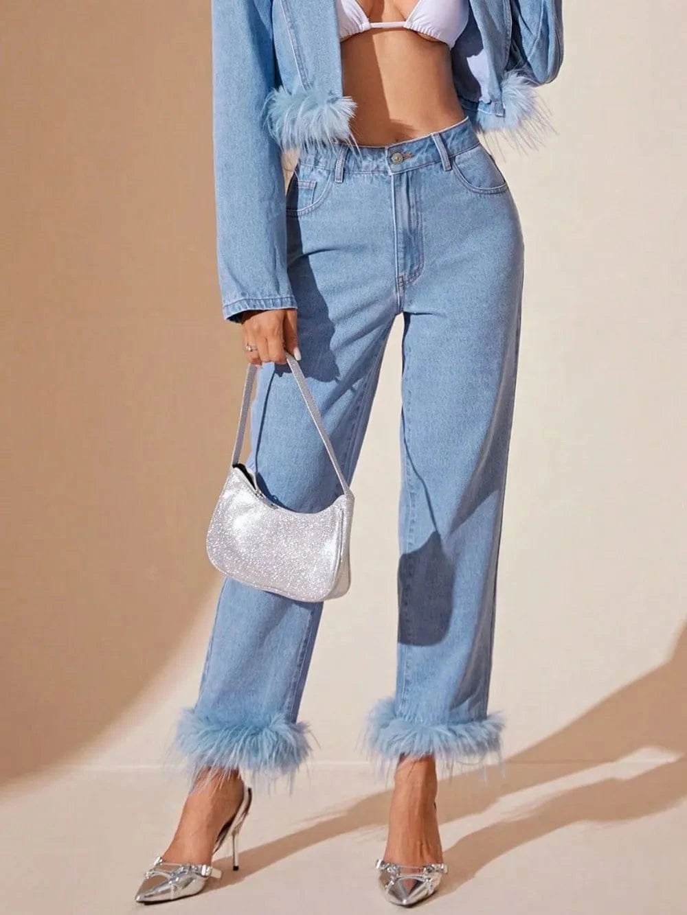 Plush Hem High Rise Straight Jeans Trendsi