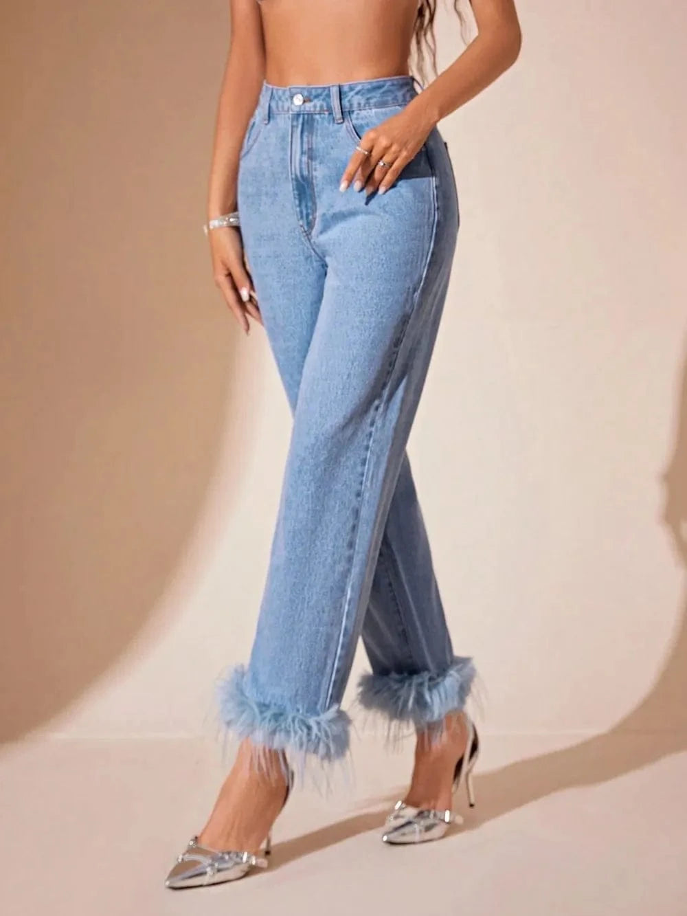Plush Hem High Rise Straight Jeans Trendsi