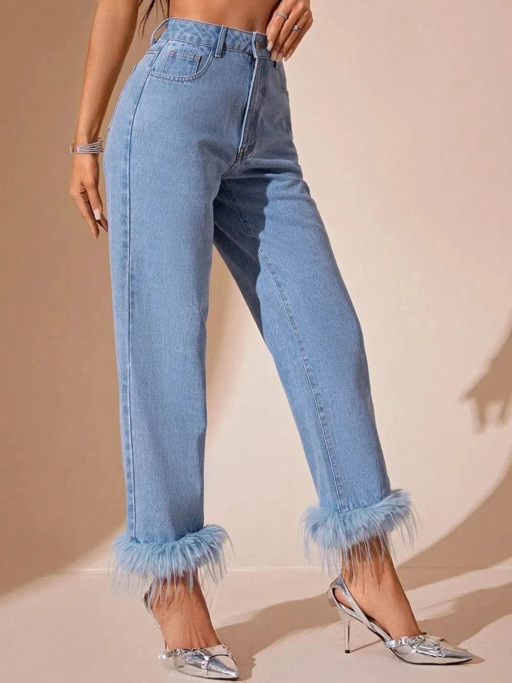 Plush Hem High Rise Straight Jeans Light / XS Trendsi