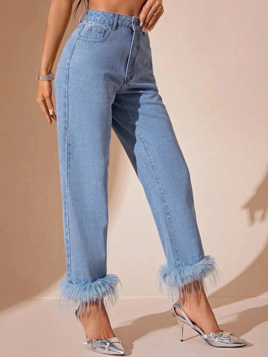 Plush Hem High Rise Straight Jeans Light / XS Trendsi