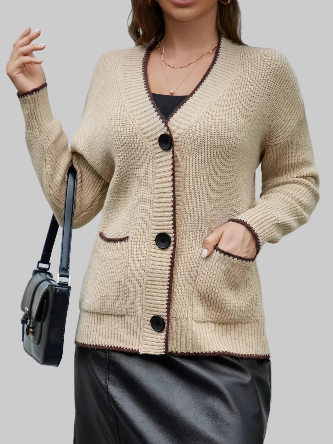 Pocketed Button Down Cardigan Cardigan Khaki / S The Nichole Collection