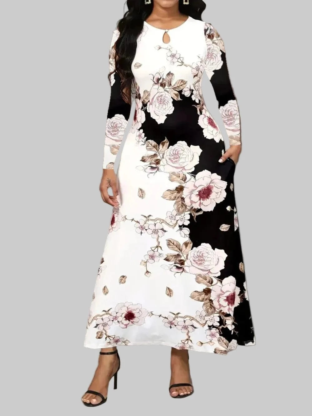 Pocketed Printed Long Sleeve Dress Dresses Black / S The Nichole Collection