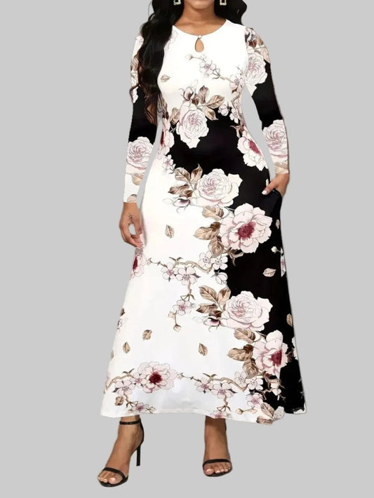 Pocketed Printed Long Sleeve Dress Dresses Black / S The Nichole Collection