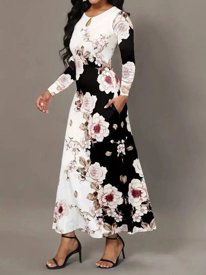 Pocketed Printed Long Sleeve Dress Dresses The Nichole Collection
