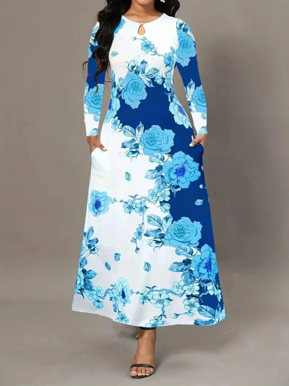 Pocketed Printed Long Sleeve Dress Dresses Sky Blue / S The Nichole Collection