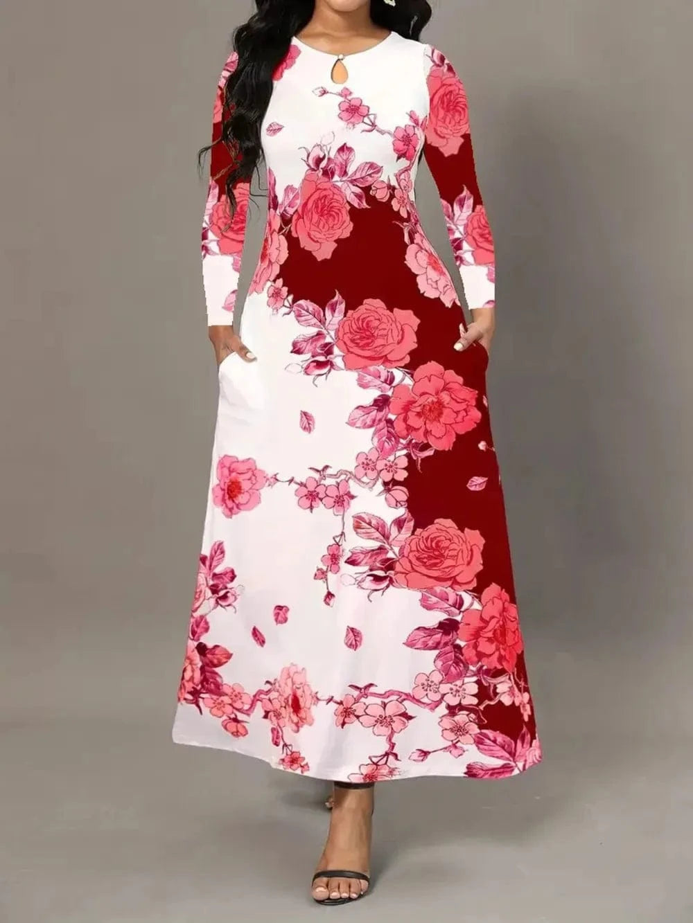 Pocketed Printed Long Sleeve Dress Dresses Deep Red / S The Nichole Collection