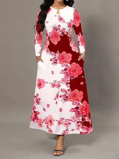Pocketed Printed Long Sleeve Dress Dresses Deep Red / S The Nichole Collection