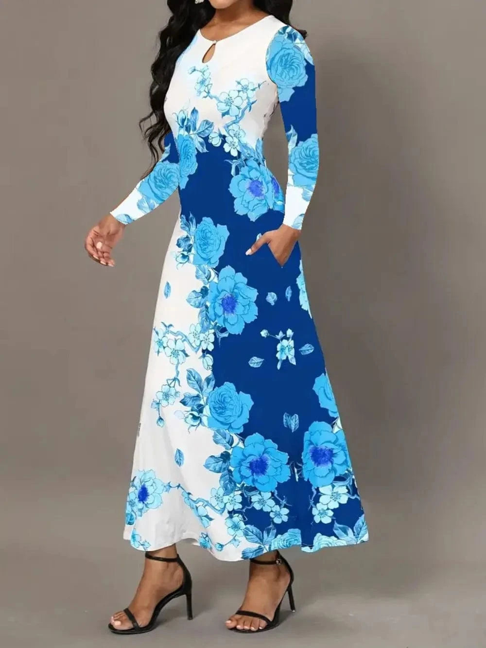 Pocketed Printed Long Sleeve Dress Dresses The Nichole Collection