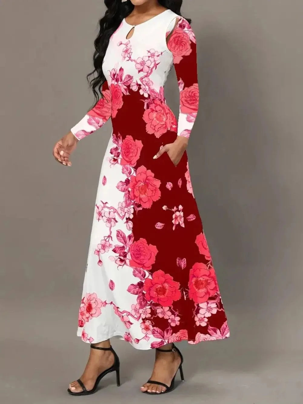 Pocketed Printed Long Sleeve Dress Dresses The Nichole Collection