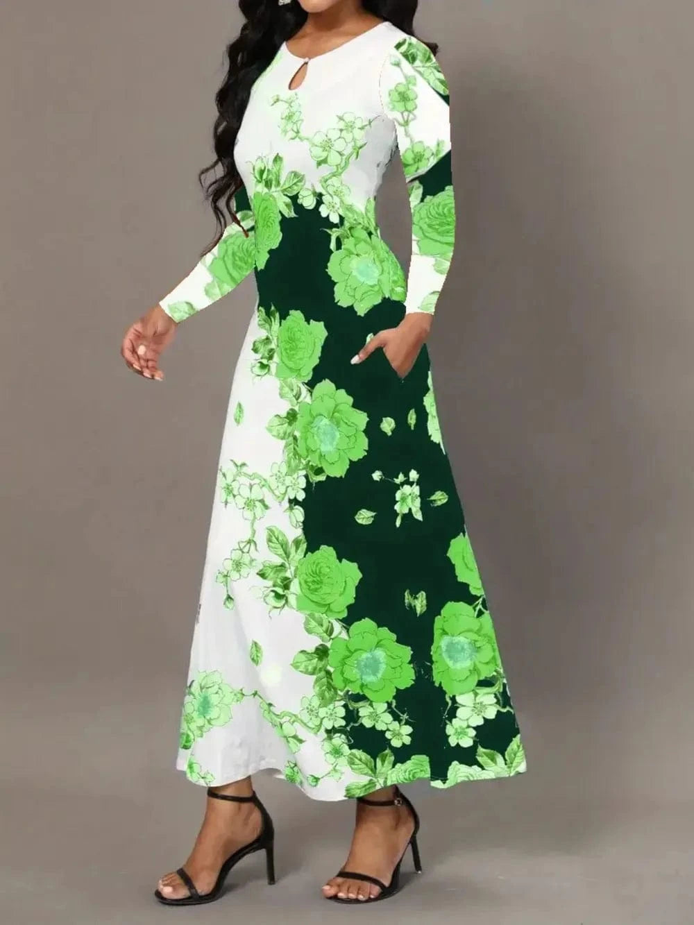 Pocketed Printed Long Sleeve Dress Dresses The Nichole Collection