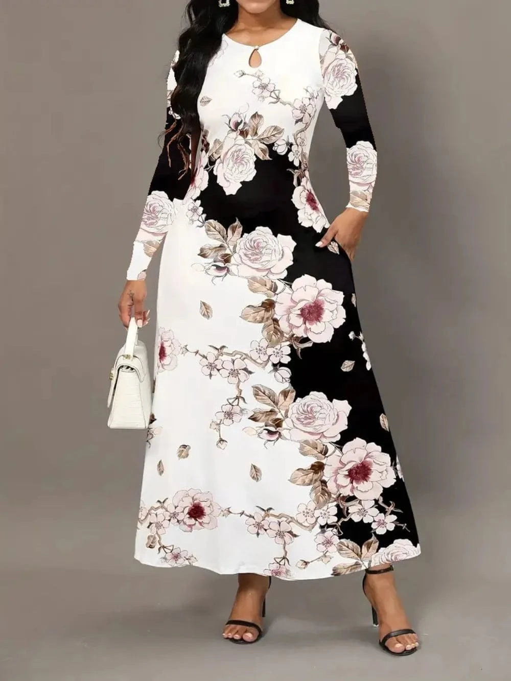 Pocketed Printed Long Sleeve Dress Dresses The Nichole Collection