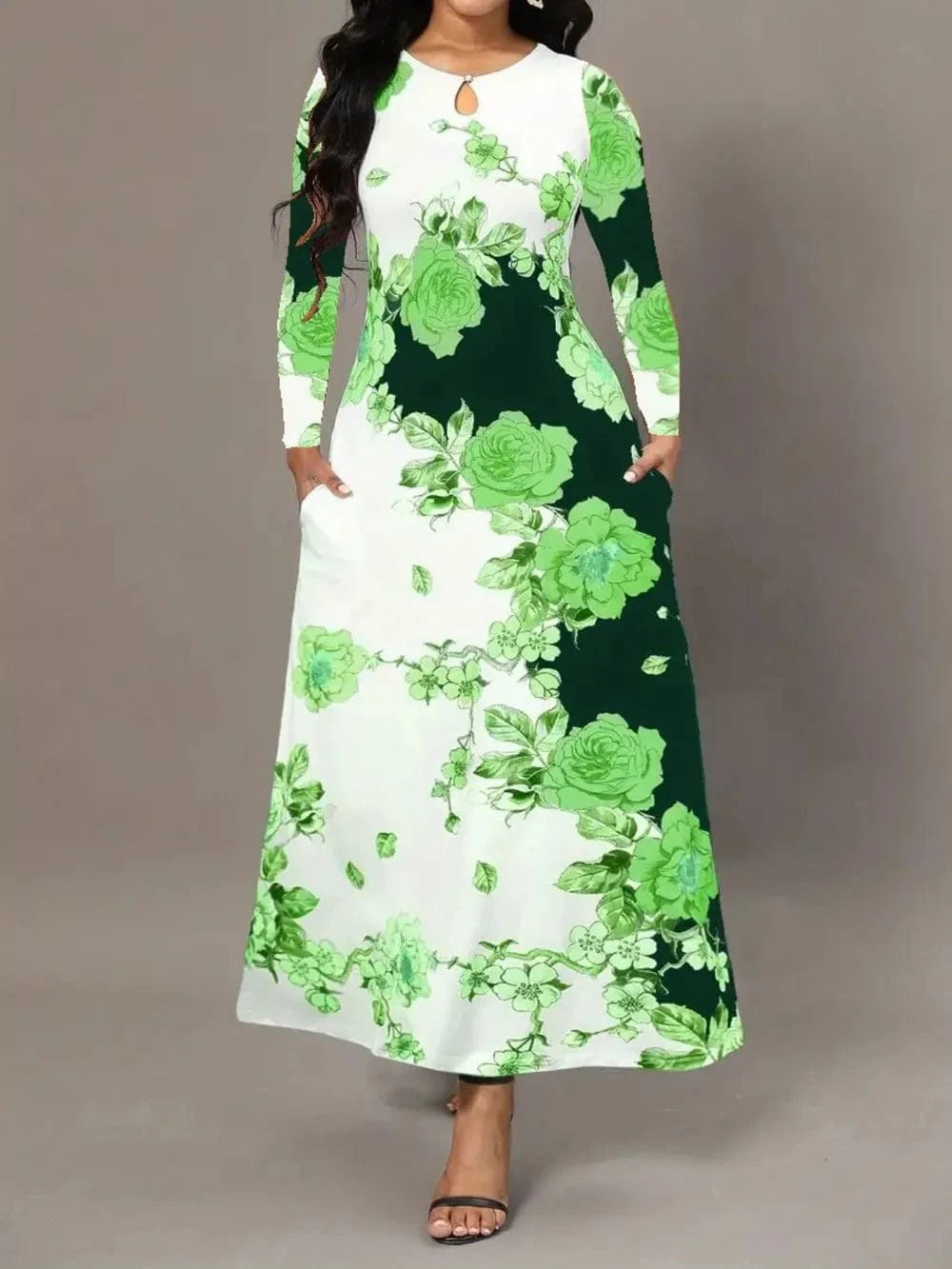 Pocketed Printed Long Sleeve Dress Dresses Green / S The Nichole Collection