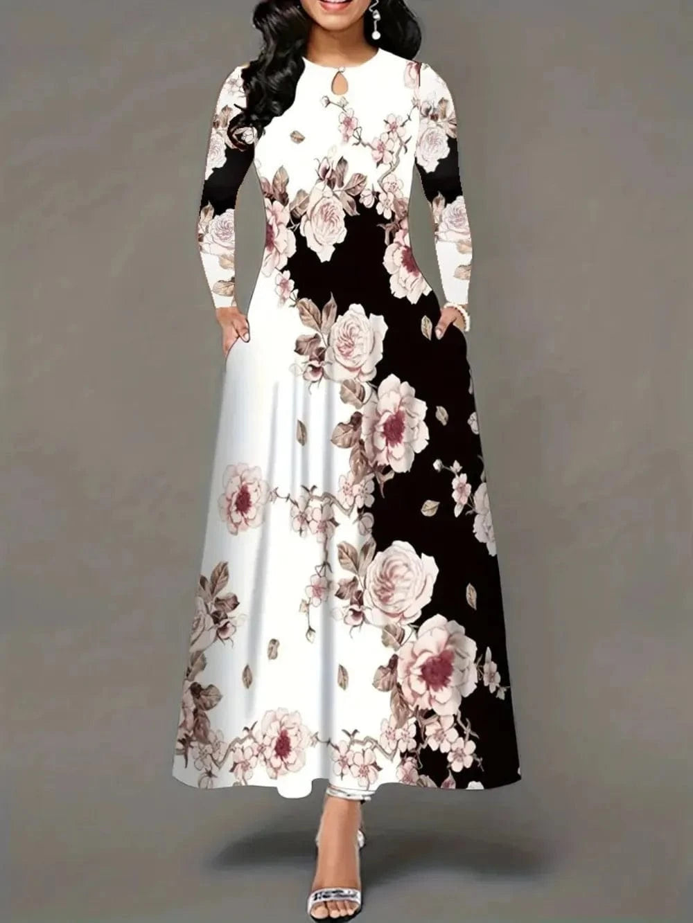 Pocketed Printed Long Sleeve Dress Dresses The Nichole Collection